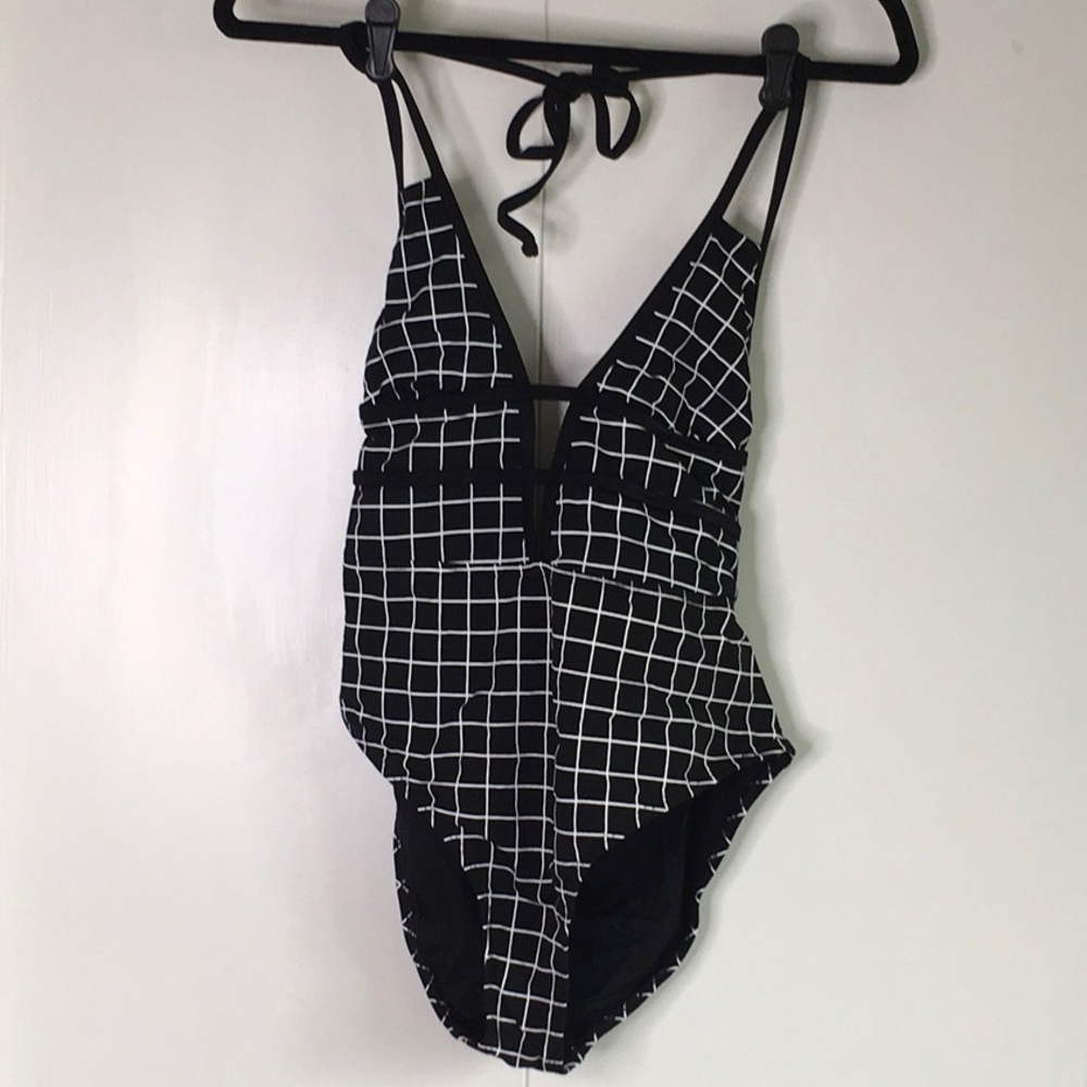 Black and White Grid deep V Swim Suit